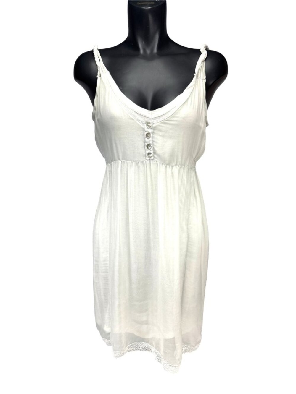 RUDSAK Silk White Sleeveless Twisted Straps Lace Hem Button Front Dress Size S